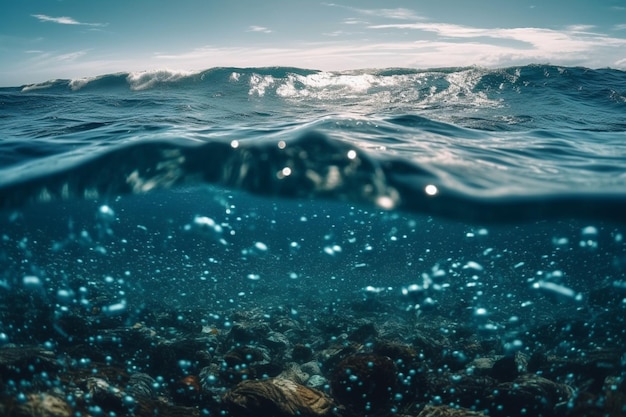 岩だらけの海面と青い空、「海」という文字の写真。