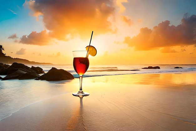 photo rode cocktail op het witte zand van een paradijselijk strand met de zee op de achtergrond copy spa