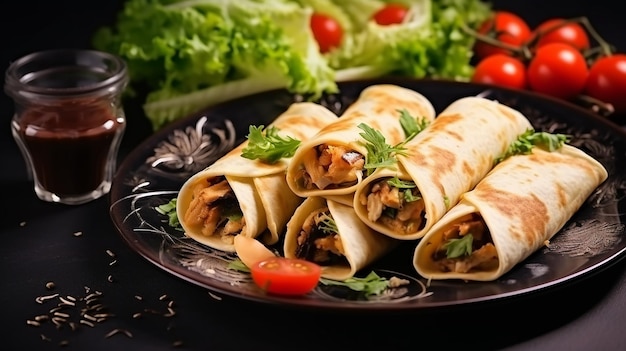 Photo of rolled pancakes Shrovetide savory crepes meat chicken with vegetables