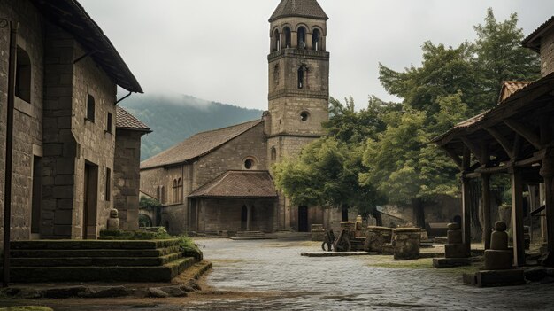 A photo of a Romanesque church with bell tower village square backdrop