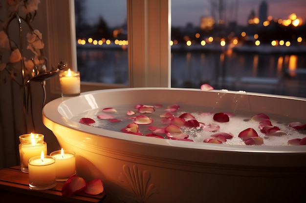 Photo of Romantic candlelit bath with rose petals