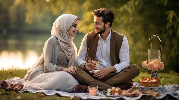 Photo romantic couple islamic having a picnic