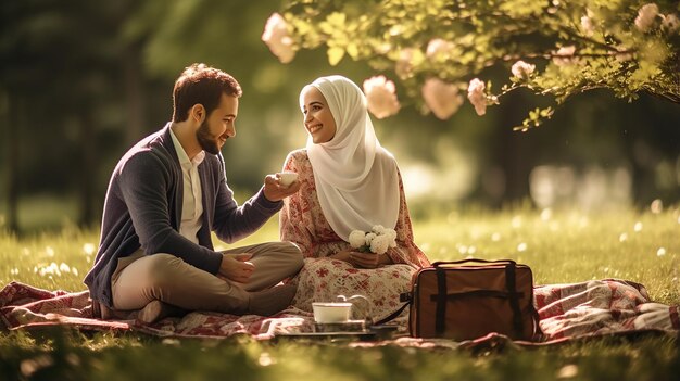 Photo romantic couple islamic having a picnic