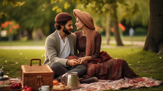 Photo romantic couple islamic having a picnic