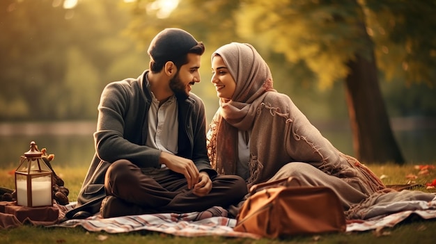 Photo romantic couple islamic having a picnic