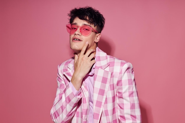 Photo of romantic young boyfriend plaid blazer pink glasses fashion modern style isolated background unaltered