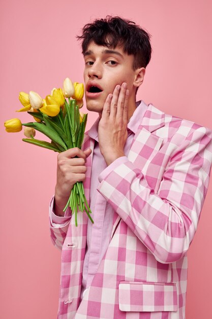 Photo of romantic young boyfriend in stylish clothes jacket fashion