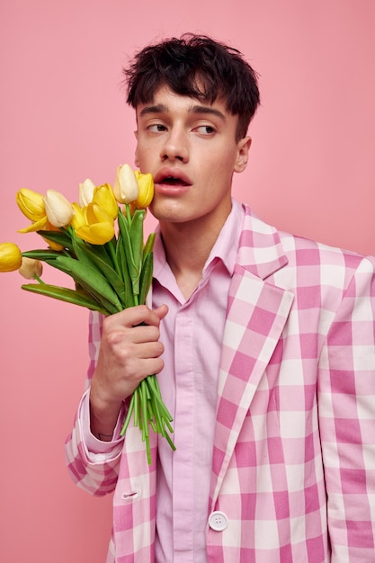 Photo of romantic young boyfriend in stylish clothes jacket fashion