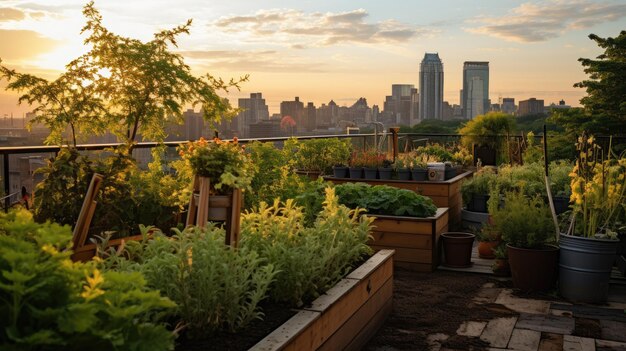 Photo a photo of a rooftop garden city skyline in the background