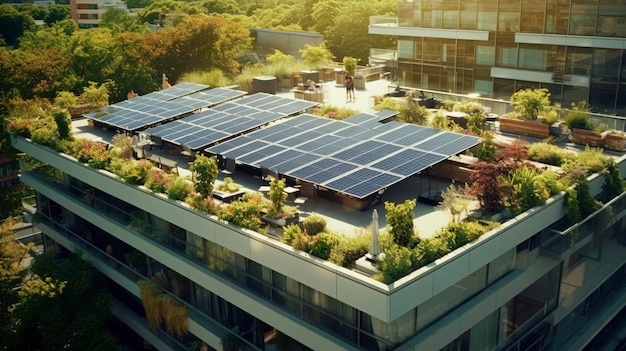 A photo of a rooftop garden on a green building