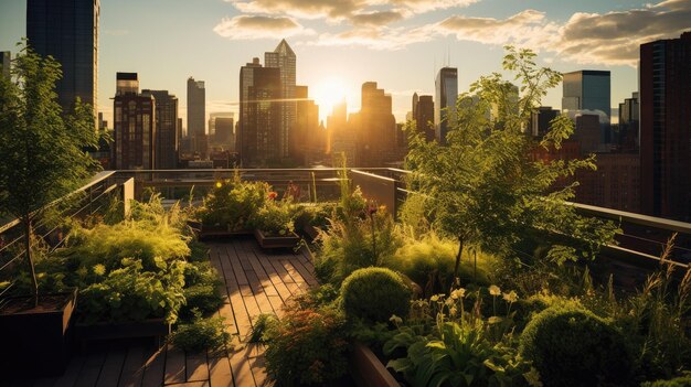 Photo a photo of a rooftop garden skyscrapers backdrop