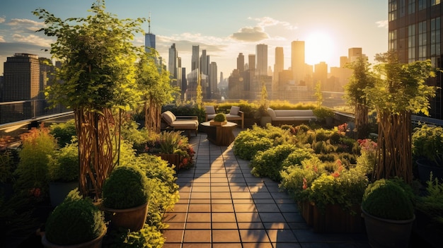 A photo of a rooftop garden skyscrapers backdrop