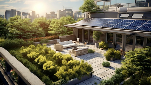 A photo of a rooftop garden with solar panels