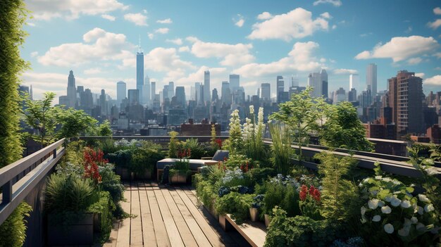 Photo a photo of a rooftop garden with urban city views