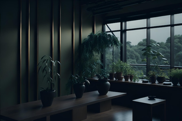 Photo of a room filled with potted plants next to a window