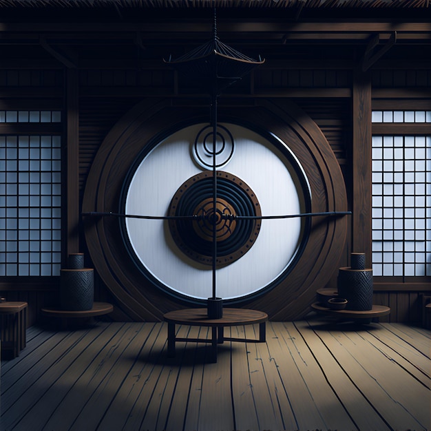 Photo of a room with a circular window and a wooden floor