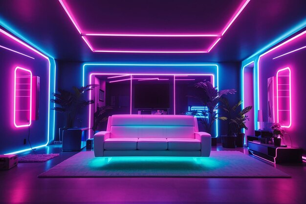 Photo a room with neon lights and a couch in the middle