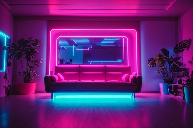 Photo a room with neon lights and a couch in the middle