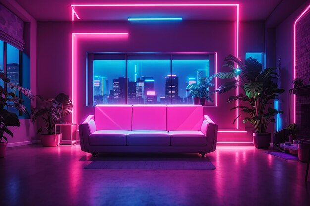 Photo a room with neon lights and a couch in the middle
