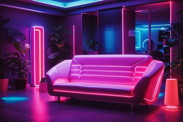 Photo a room with neon lights and a couch in the middle