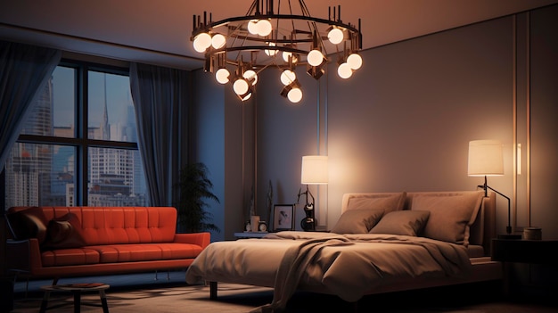 A photo of a room with a stylish lighting fixture
