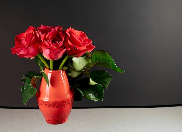 Photo of rose flowers in minimalist beautiful red colorful vase as houseplant for home decoration