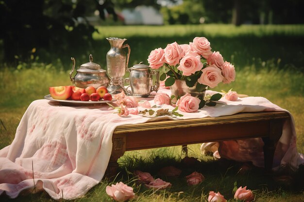 Photo of Roses on a Romantic Picnic Blanket