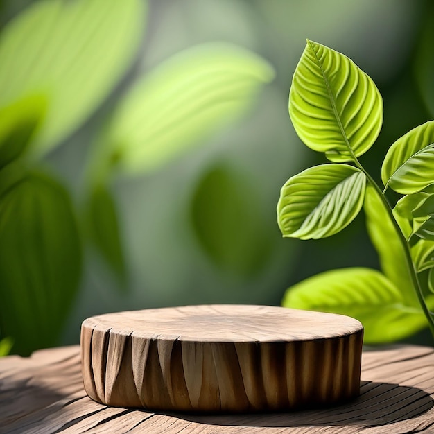 Photo a round carved wooden slab lies on a stone with moss in the forest a stand a podium bokeh