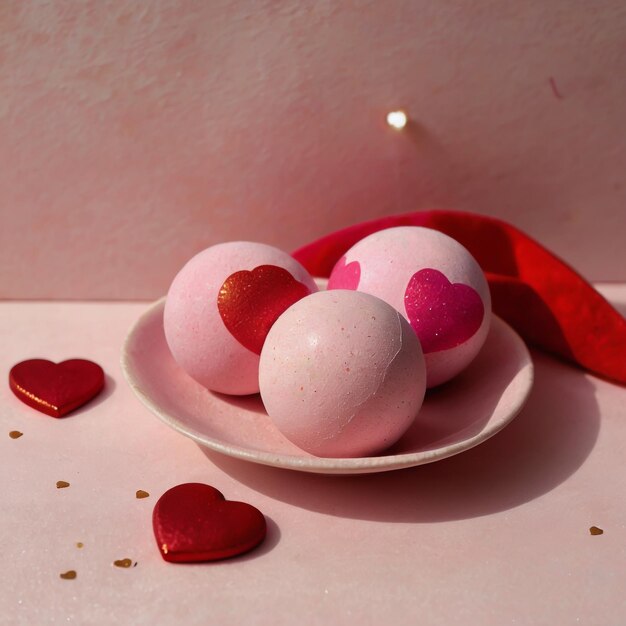 a photo of round glitter bath bomb balls with printed heart