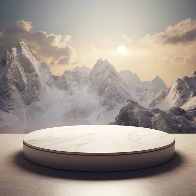 Photo round marble platform for exhibition podium against the background of the mountain