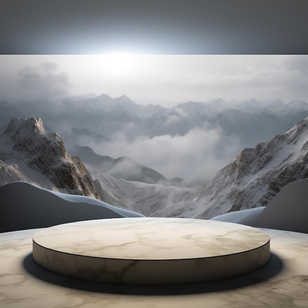 Photo round marble platform for exhibition podium against the background of the mountain