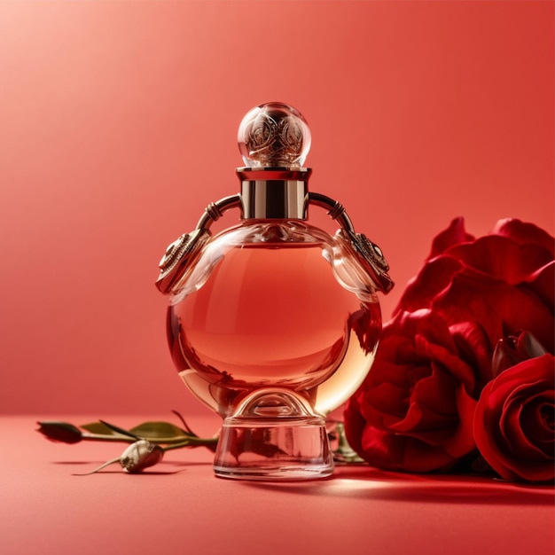 Photo round perfume bottle with rose flower plant on red background