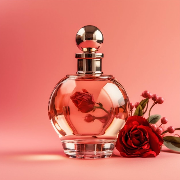 Photo round perfume bottle with rose flower plant on red background