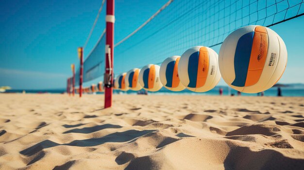 A photo of a row of beach volleyball equipment