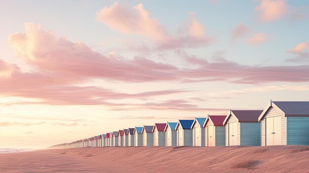 A photo of a row of colorful beach huts sandy beach backdrop