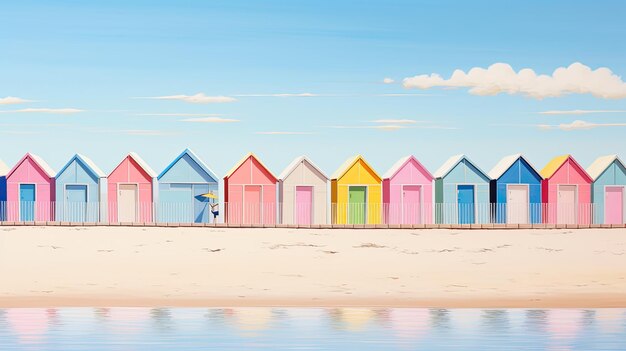 Photo a photo of a row of colorful beach huts sandy shore backdrop