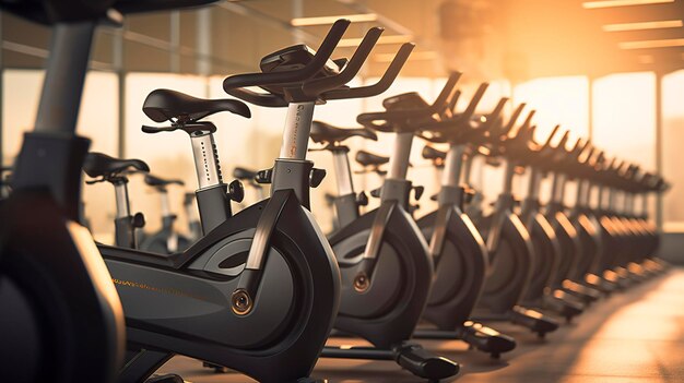 A photo of a row of exercise bikes