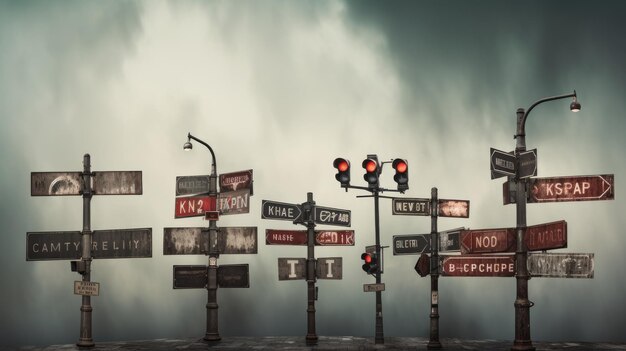 A photo of a row of identical street signs urban backdrop