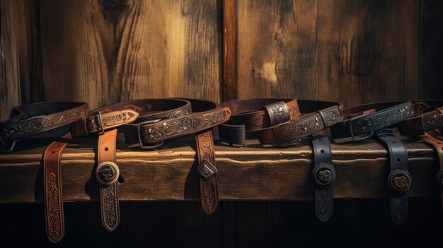 A photo of a row of leather belts rustic western backdrop