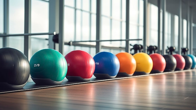 Photo a photo of a row of medicine balls in a fitness facility