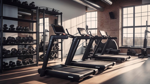 A photo of a row of neatly organized fitness equipment