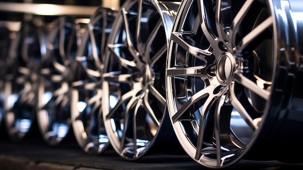 A photo of a row of polished alloy wheels