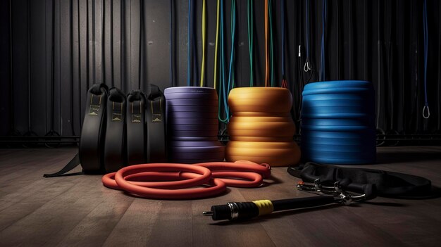 A photo of a row of resistance bands and fitness accessories