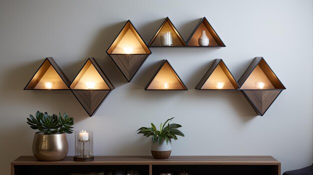 Photo a photo of a row of rhombusshaped decorative wall shelves living room backdrop