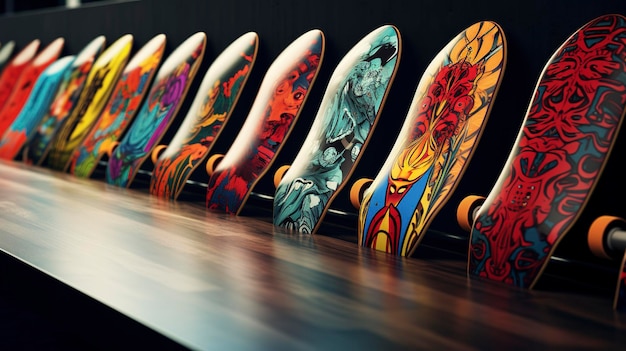 A photo of a row of skateboards with diverse design