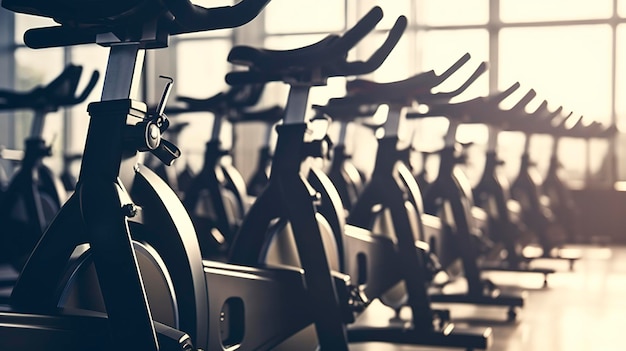 Foto una foto di una fila di biciclette a rotazione in una lezione di fitness