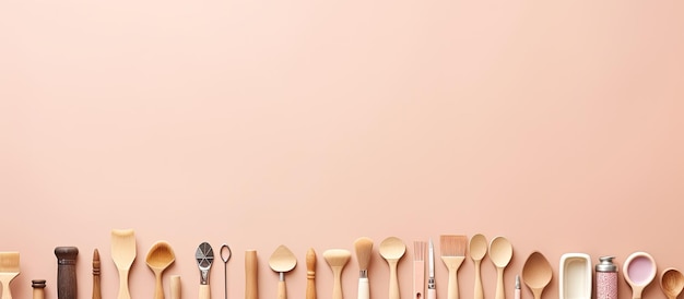 Photo photo of a row of spoons lined up against a pink wall with empty space for text or design