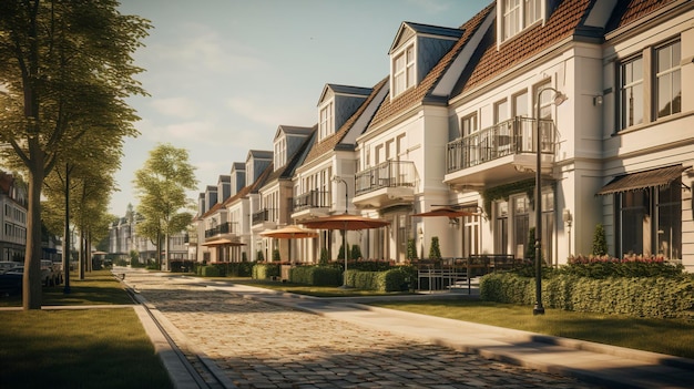 A photo of a row of townhouses in a residential area