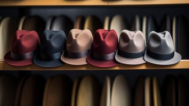 Photo a photo of a row of trendy fedora hats on a shelf