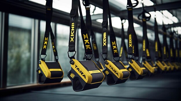 Photo a photo of a row of trx suspension trainers